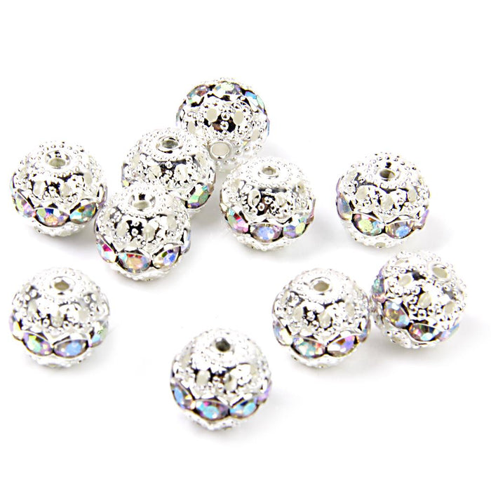 Crofta 10pcs Silver Plated Hollowed Ball Rhinestone Spacer Bead 10mm