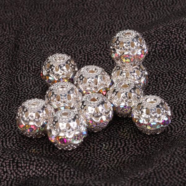 Crofta 10pcs Silver Plated Hollowed Ball Rhinestone Spacer Bead 10mm