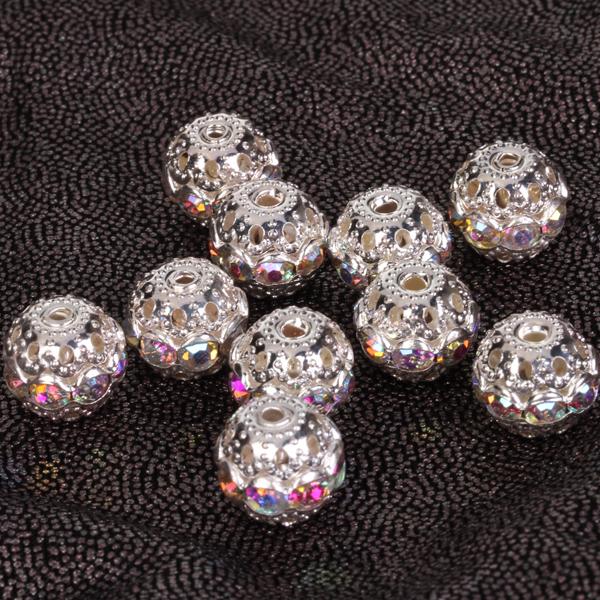 Crofta 10pcs Silver Plated Hollowed Ball Rhinestone Spacer Bead 10mm