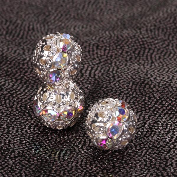 Crofta 10pcs Silver Plated Hollowed Ball Rhinestone Spacer Bead 10mm