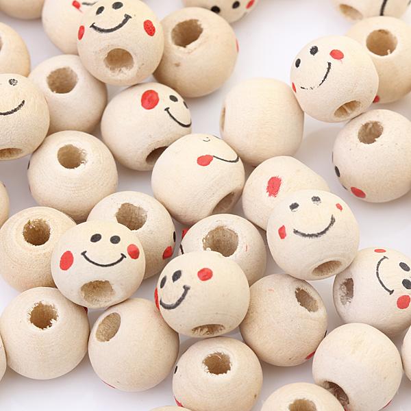 Crofta 100 Pieces Wooden Round Smile Face Loose Beads 10mm