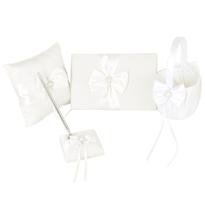 Crofta Pearl Bowknot Wedding Party Guest Book and Pen Ring Pillow Flower Basket Set