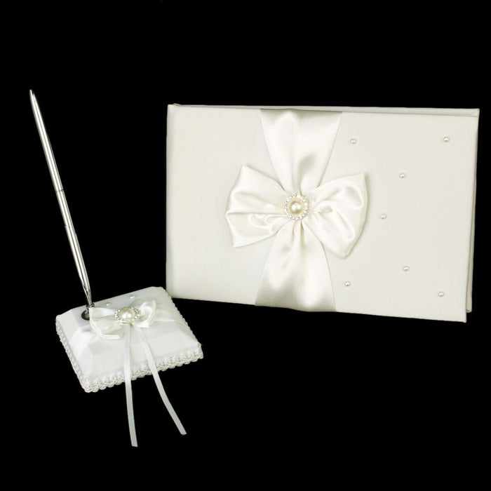 Crofta Pearl Bowknot Wedding Party Guest Book and Pen Ring Pillow Flower Basket Set