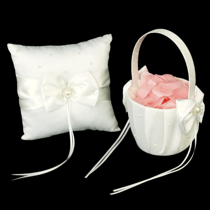 Crofta Pearl Bowknot Wedding Party Guest Book and Pen Ring Pillow Flower Basket Set