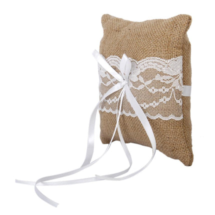 Crofta Vintage Burlap Jute Lace Pocket Ring Pillow Cushion Wedding Party Anniversary Supplies 15cmx15cm