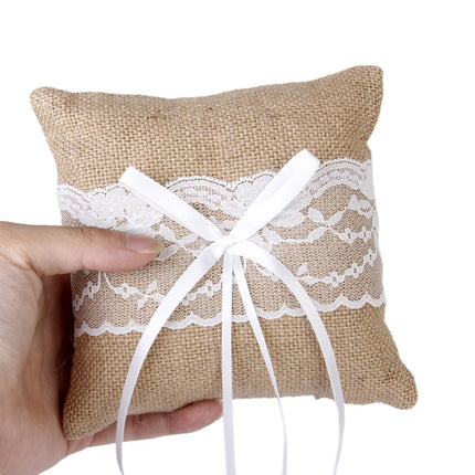 Crofta Vintage Burlap Jute Lace Pocket Ring Pillow Cushion Wedding Party Anniversary Supplies 15cmx15cm