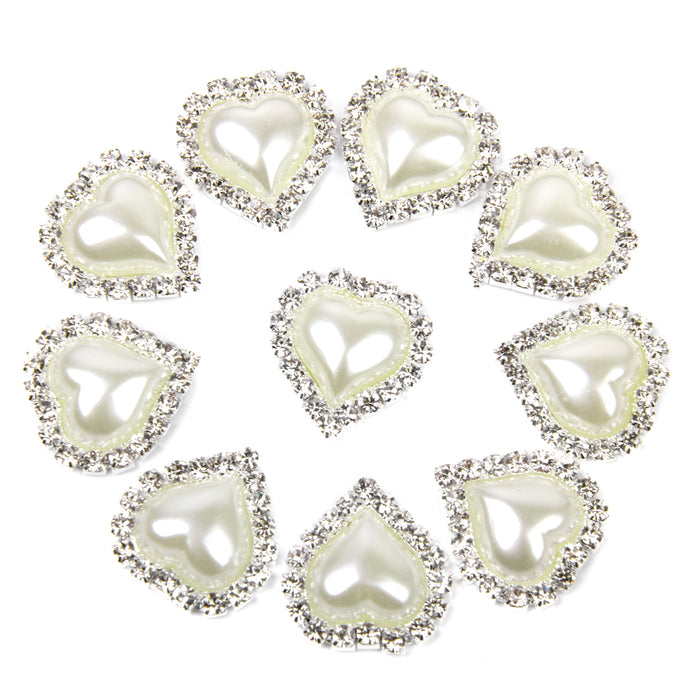 Crofta 10 Pieces Beige Heart Shape Crystal Pearl Buttons Flatback Embellishment 20x25mm