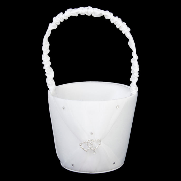 Crofta White Satin Rhinestone Ring Pillow Flower Girl Basket Guest Book and Pen Wedding Set