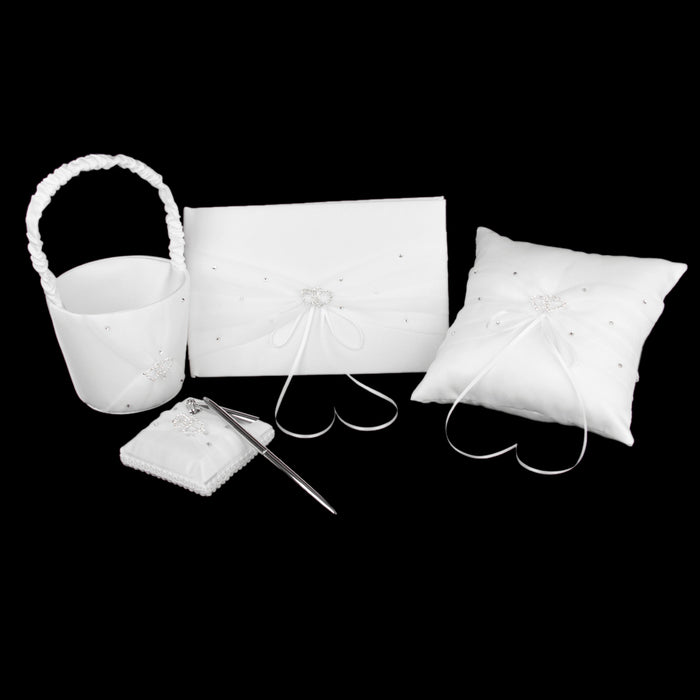 Crofta White Satin Rhinestone Ring Pillow Flower Girl Basket Guest Book and Pen Wedding Set