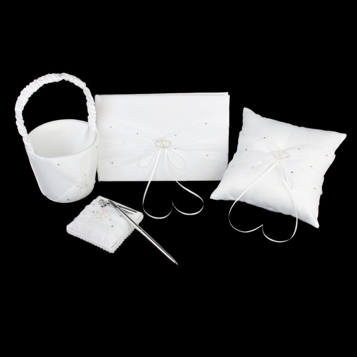 Crofta White Satin Rhinestone Ring Pillow Flower Girl Basket Guest Book and Pen Wedding Set