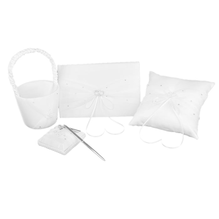 Crofta White Satin Rhinestone Ring Pillow Flower Girl Basket Guest Book and Pen Wedding Set