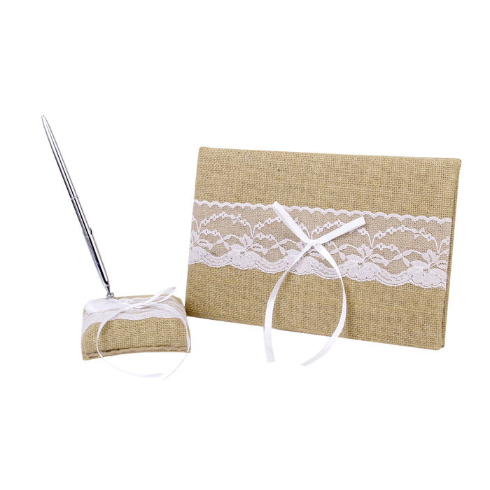 Crofta Set Of Lace Embellished Burlap Guest Book With Pen And Stand Wedding Party Supplies