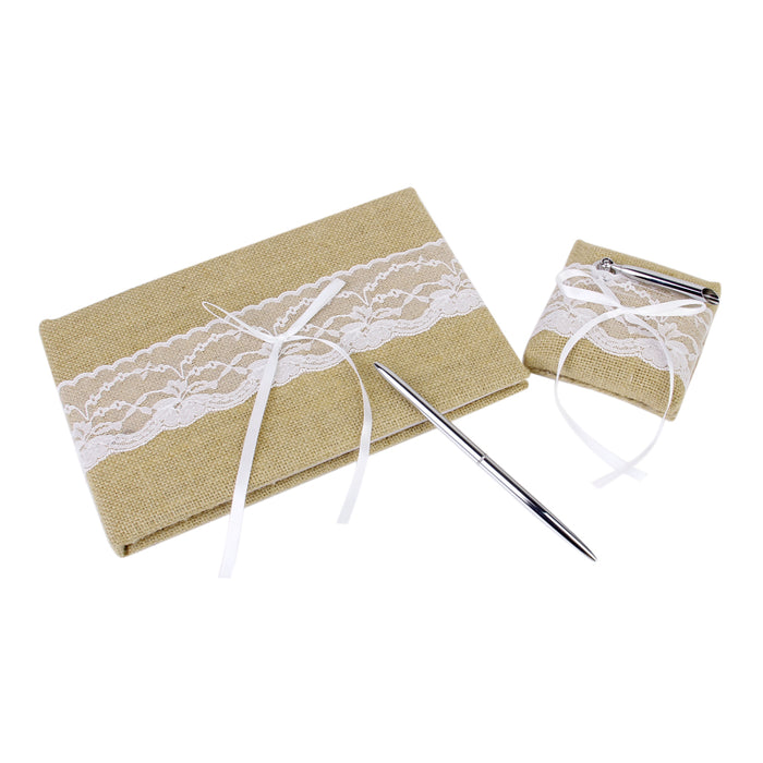 Crofta Set Of Lace Embellished Burlap Guest Book With Pen And Stand Wedding Party Supplies