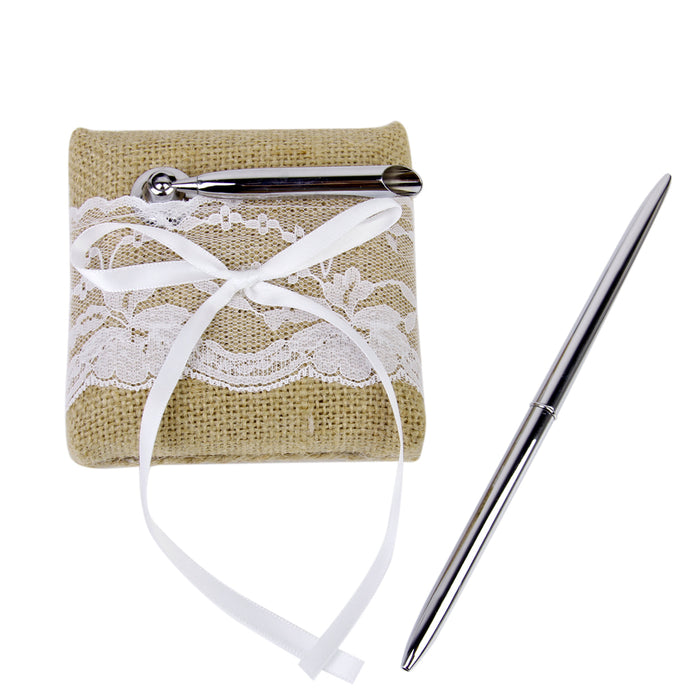 Crofta Set Of Lace Embellished Burlap Guest Book With Pen And Stand Wedding Party Supplies