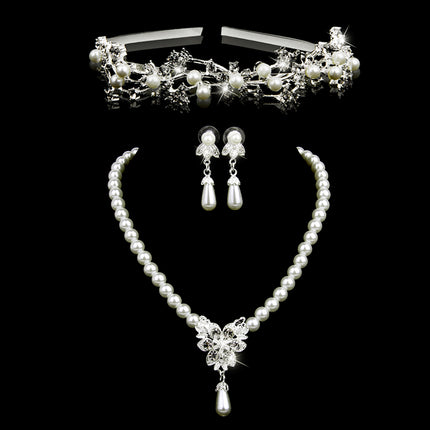 Crofta Vintage Long Pendant Style Rhinestone Faux Pearl Necklace Earrings Set Wedding Party Supplies