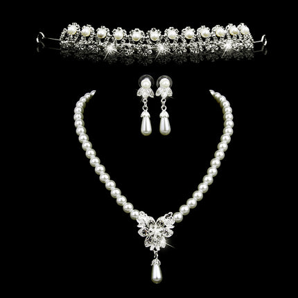 Crofta Vintage Long Pendant Style Rhinestone Faux Pearl Necklace Earrings Set Wedding Party Supplies