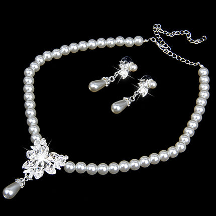 Crofta Vintage Long Pendant Style Rhinestone Faux Pearl Necklace Earrings Set Wedding Party Supplies