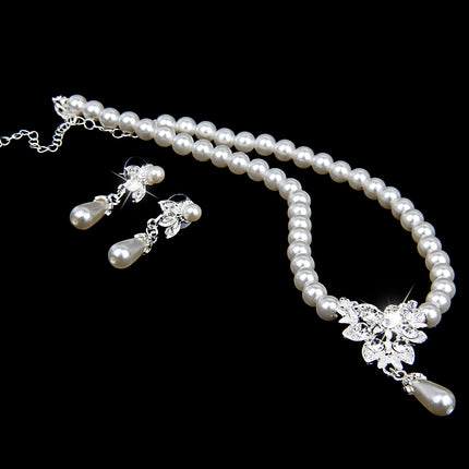 Crofta Vintage Long Pendant Style Rhinestone Faux Pearl Necklace Earrings Set Wedding Party Supplies