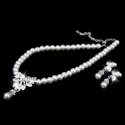 Crofta Vintage Long Pendant Style Rhinestone Faux Pearl Necklace Earrings Set Wedding Party Supplies