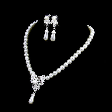 Crofta Vintage Long Pendant Style Rhinestone Faux Pearl Necklace Earrings Set Wedding Party Supplies