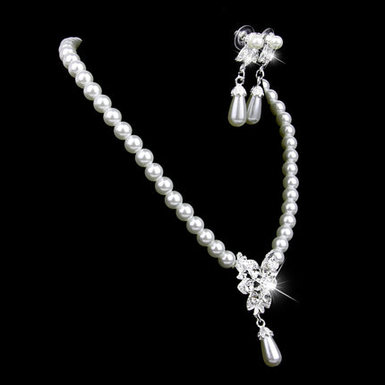 Crofta Vintage Long Pendant Style Rhinestone Faux Pearl Necklace Earrings Set Wedding Party Supplies