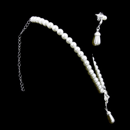 Crofta Vintage Long Pendant Style Rhinestone Faux Pearl Necklace Earrings Set Wedding Party Supplies