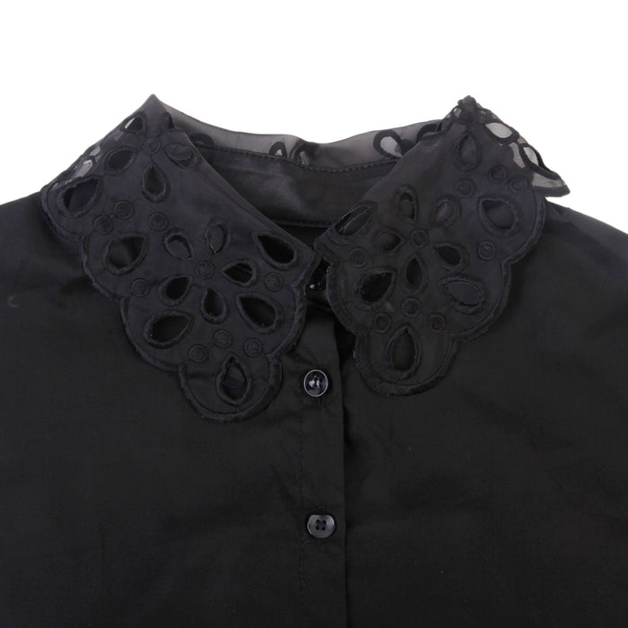 Crofta Women Girls Ladies Elegant Embroidery Hollow Neckline Half Shirt Blouse Detachable Collar Black