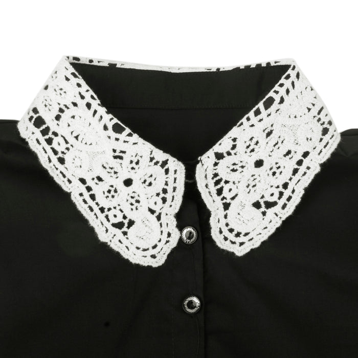 Crofta Women Girls Ladies Elegant Floral Lace Neckline Half Shirt Blouse Detachable Collar Black And White