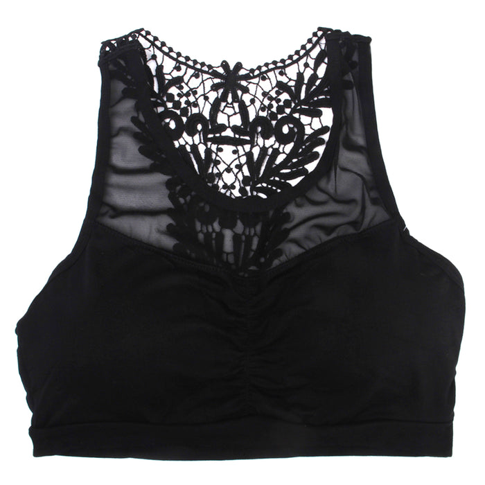 Crofta Women Girls Ladies Fashionable Hollow Crochet Flower Back Design Cotton Blend Crop Top Vest Blouse Bra Black