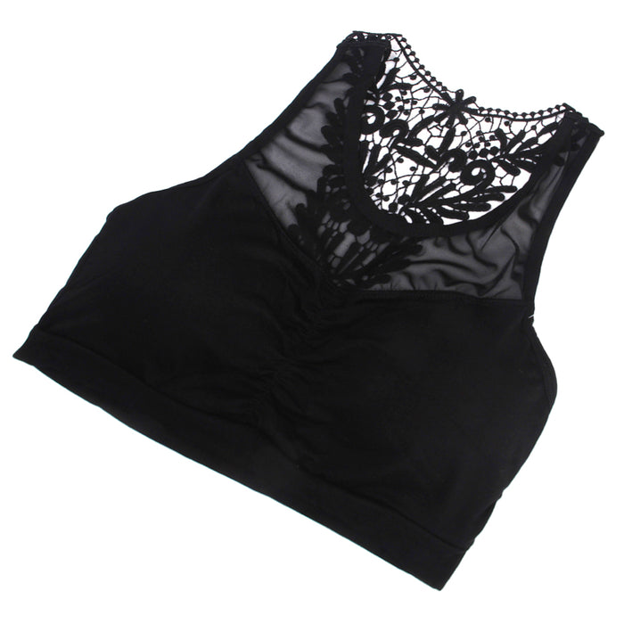 Crofta Women Girls Ladies Fashionable Hollow Crochet Flower Back Design Cotton Blend Crop Top Vest Blouse Bra Black