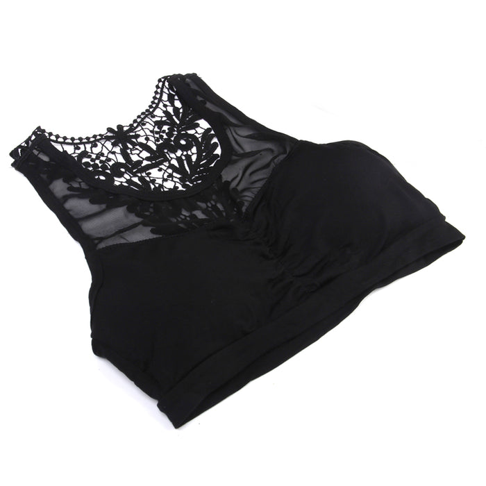 Crofta Women Girls Ladies Fashionable Hollow Crochet Flower Back Design Cotton Blend Crop Top Vest Blouse Bra Black