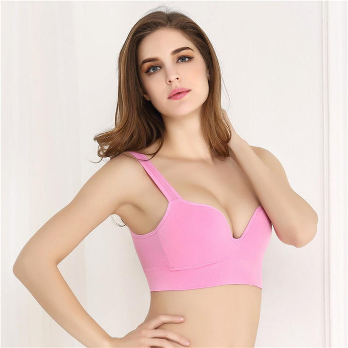 Women Deep-V Seamless Wireless Full Coverage Push Up Sports Bra Pink Size XL