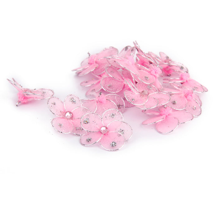 Wired Mesh Stocking Glitter Flowers 2.5x2.5cm 50pcs Pink