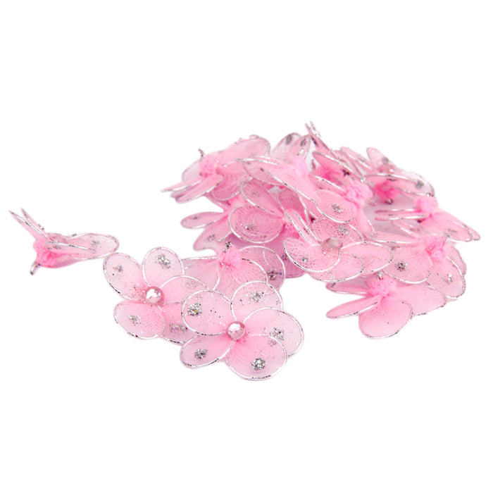 Wired Mesh Stocking Glitter Flowers 2.5x2.5cm 50pcs Pink