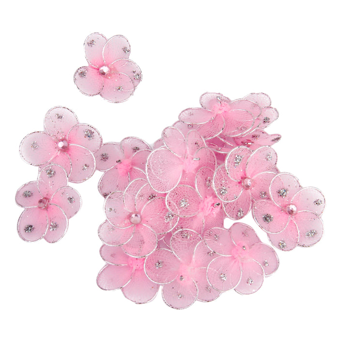 Wired Mesh Stocking Glitter Flowers 2.5x2.5cm 50pcs Pink