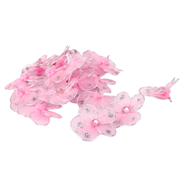 Wired Mesh Stocking Glitter Flowers 2.5x2.5cm 50pcs Pink