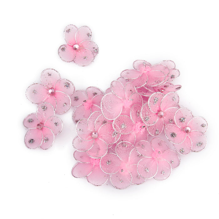 Wired Mesh Stocking Glitter Flowers 2.5x2.5cm 50pcs Pink