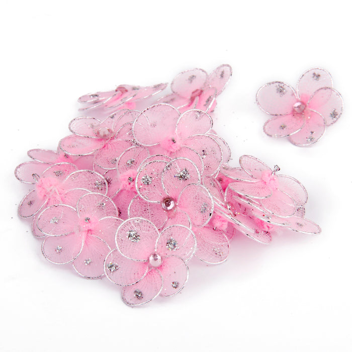 Wired Mesh Stocking Glitter Flowers 2.5x2.5cm 50pcs Pink