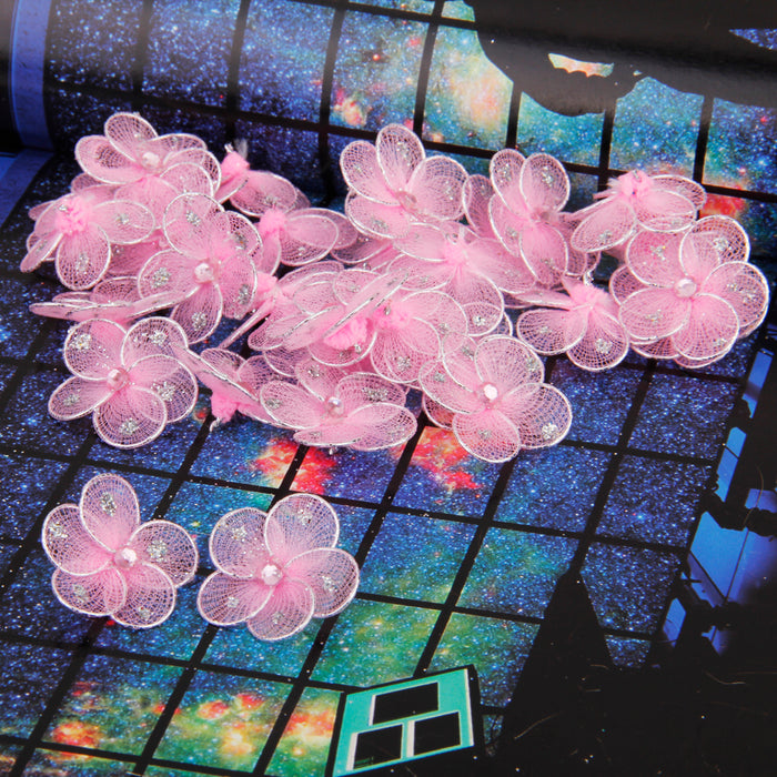 Wired Mesh Stocking Glitter Flowers 2.5x2.5cm 50pcs Pink