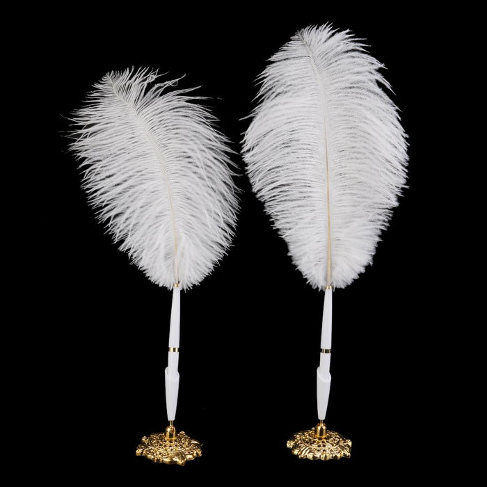 Crofta Ostrich Feather Quill Signing Pen with Metal Holder Wedding Pen Set S White