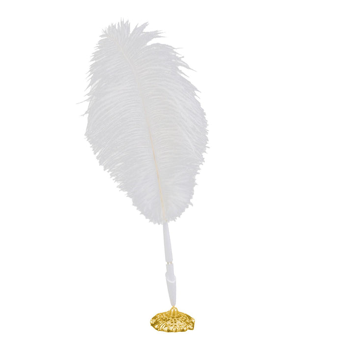 Crofta Ostrich Feather Quill Signing Pen with Metal Holder Wedding Pen Set S White