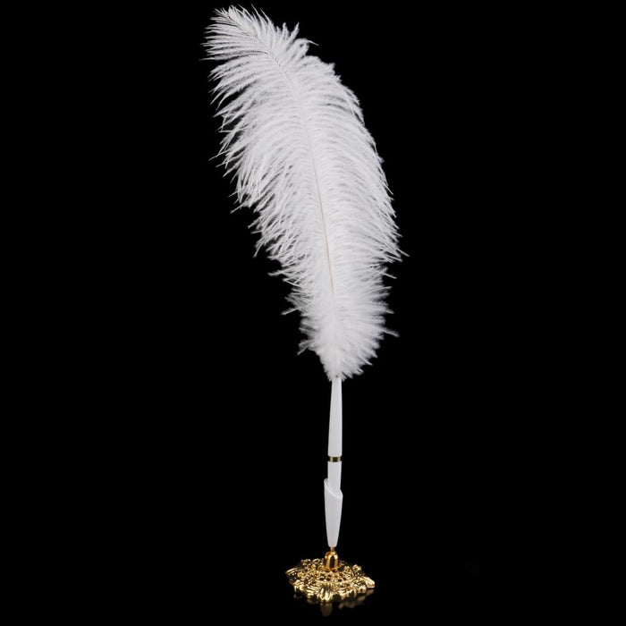 Crofta Ostrich Feather Quill Signing Pen with Metal Holder Wedding Pen Set S White