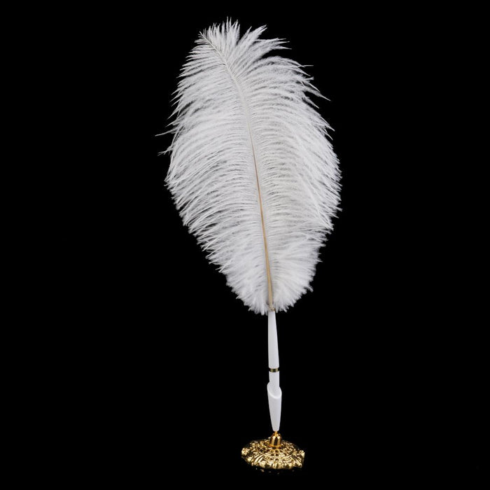 Crofta Ostrich Feather Quill Signing Pen with Metal Holder Wedding Pen Set S White