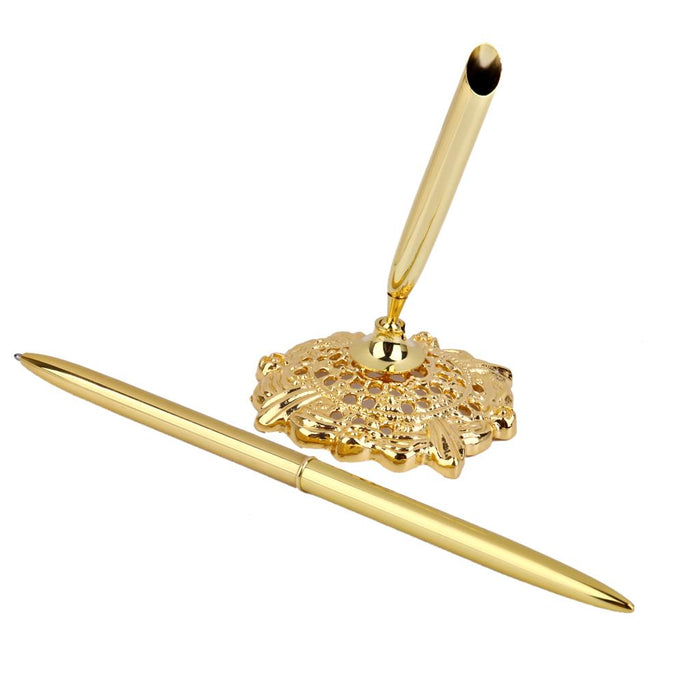 Alloy Hollow Round Pen Holder Signing Pen Set for Wedding Bridal Gold