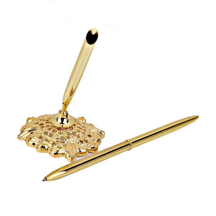 Alloy Hollow Round Pen Holder Signing Pen Set for Wedding Bridal Gold