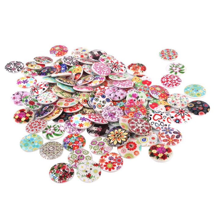 25mm Mixed Color Drawing Printing Flower Buttons for Sewing DIY Craft 100pcs