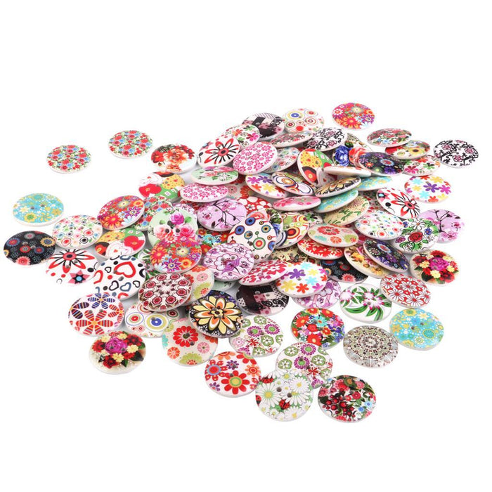 25mm Mixed Color Drawing Printing Flower Buttons for Sewing DIY Craft 100pcs