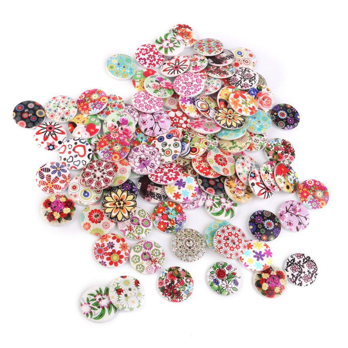 25mm Mixed Color Drawing Printing Flower Buttons for Sewing DIY Craft 100pcs