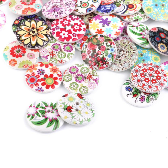 25mm Mixed Color Drawing Printing Flower Buttons for Sewing DIY Craft 100pcs