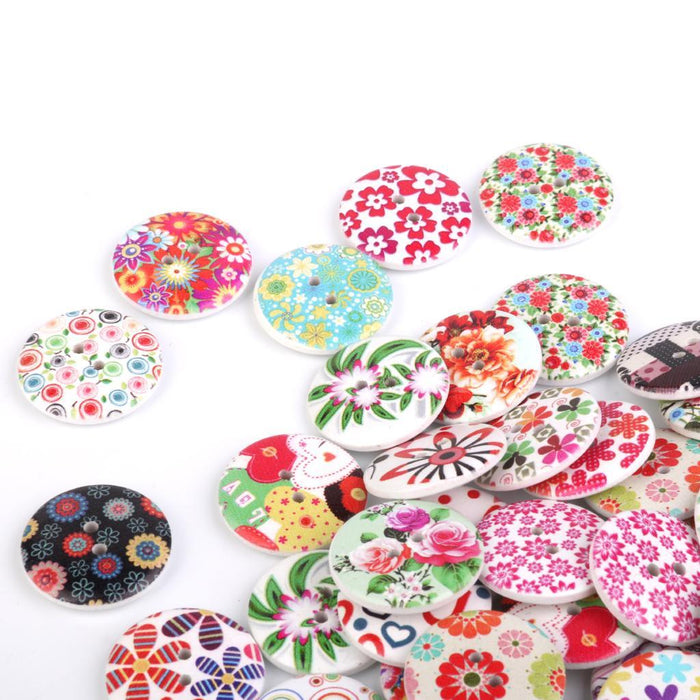 25mm Mixed Color Drawing Printing Flower Buttons for Sewing DIY Craft 100pcs